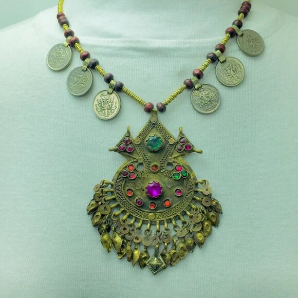 Vintage Coins Pendant Necklace, Metal And Wooden Beaded Chain Necklace - Picture 1 of 12